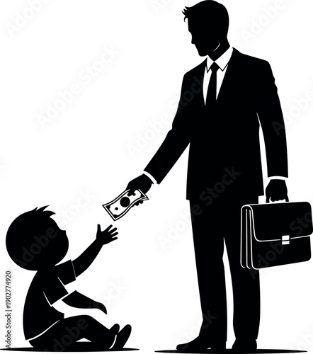 Businessman in Suit Giving Money to Homeless Child Sitting on Ground Vector Silhouette Illustrating Social Inequality Charity and Financial Aid