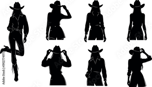 Collection of elegant cowgirl silhouettes in various fashionable poses wearing western hats and rustic boots for rustic lifestyle design elements.
