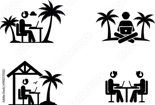 Digital nomad working on laptop under palm trees at beach office icons for remote work and tropical freelance lifestyle set
