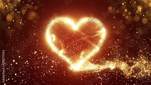 A stunning Valentine's Day background featuring artshaped line made glowing red gold particles beautiful 4K resolution glittering effect particle valentine nubes romantic dding love light 