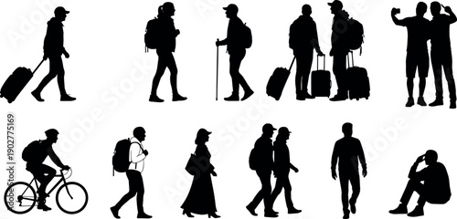 Diverse silhouettes of travelers with suitcases and backpacks walking cycling and taking selfies for travel tourism and adventure concepts