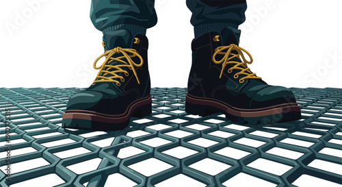 Person Wearing Black Leather Work Boots Standing On Industrial Metal Grate