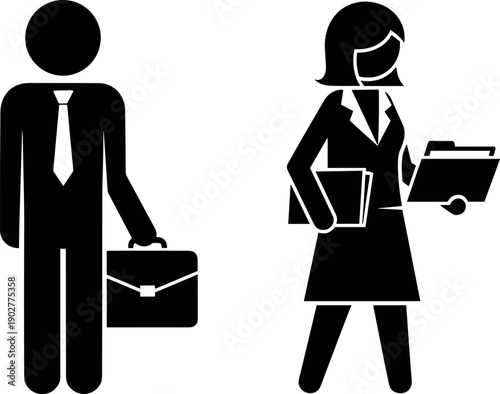 Professional business man and woman icons walking with briefcase and office folders for corporate career, employment, and workplace teamwork concept.
