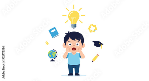 Confused Student Surrounded By School Subjects With Glowing Lightbulb Idea