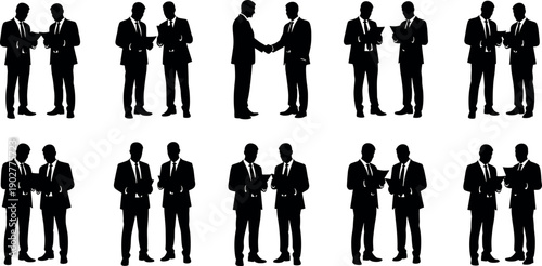 Set of business people silhouettes in suits shaking hands and reviewing documents for professional corporate deal and office teamwork concepts
