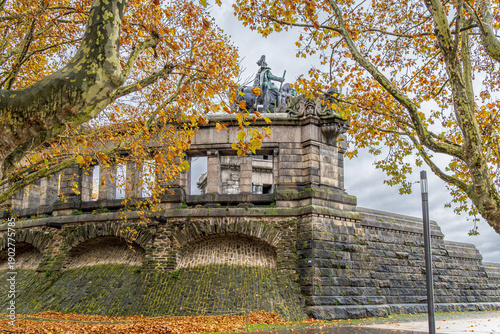 Photo of the backside of the statue and park at the German Corner in Koblenz, Germany