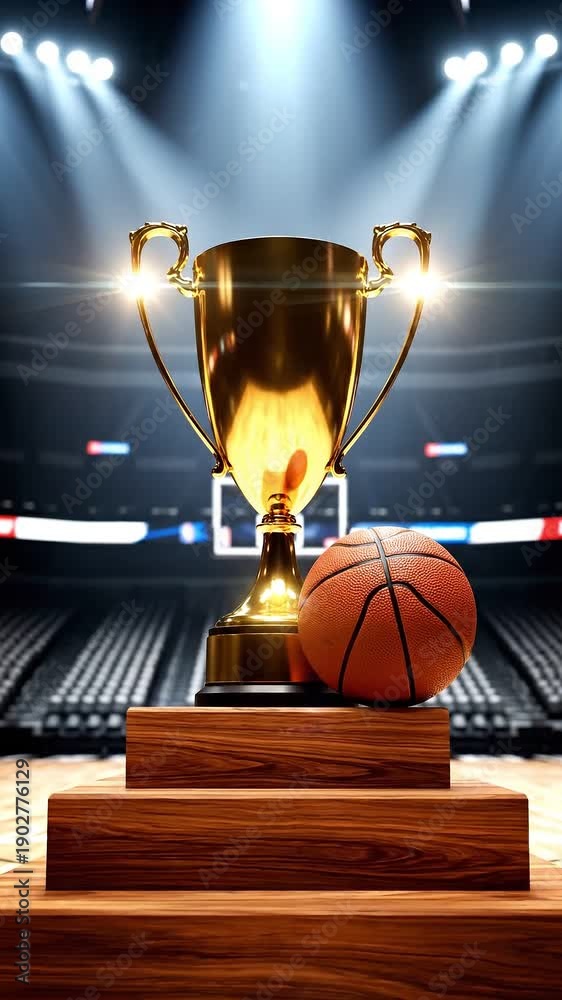 custom made wallpaper toronto digitalA golden sports trophy stands next to a basketball on a multi-level wooden podium in the middle of a basketball court with bright stadium lights