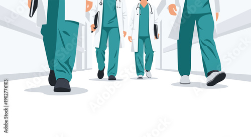 Group Of Doctors And Nurses In Scrubs Walking Through Hospital Corridor