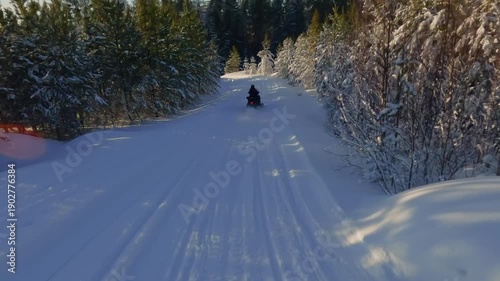 Point of view of a snowmobile following another rider through a snowy forest track in Sweden, enjoying a thrilling winter ride in the beautiful scandinavian nature with the sun shining, , real sound
