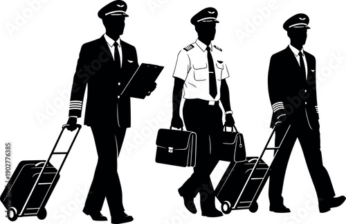 Silhouette of Professional Airline Pilots in Uniform Walking with Suitcases and Clipboards Professional Aviation Crew for Travel and Transportation Concept