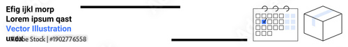 Organization, task management, scheduling, logistics, planning, and productivity. A calendar marked with a check and a cube icon. Organization and scheduling concepts for productivity and goal