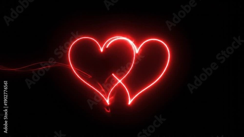 Red color neon glowing Two love hearts. Valentine's Day indicate. Love One line drawing concept. love card neon glowing icon. Bright glowing neon valentines love heart symbol animation. 