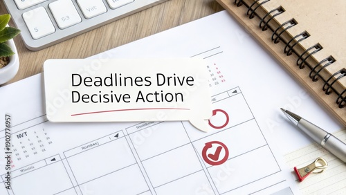Calendar with Highlighted Date and Motivational Text 'Deadlines Drive Decisive Action' on a Desk