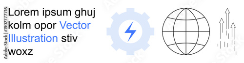 Technology, innovation, global connectivity, power generation, growth, progress. a gear with lightning bolt, globe and upward arrows. Technology and innovation by gear and lightning bolt