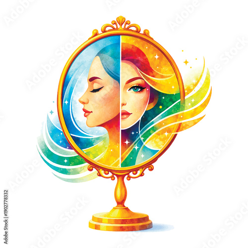 Abstract watercolor vector illustration of a split female face in a vintage gold mirror. Concept of dual personality, psychology, inner beauty, and mental reflection.