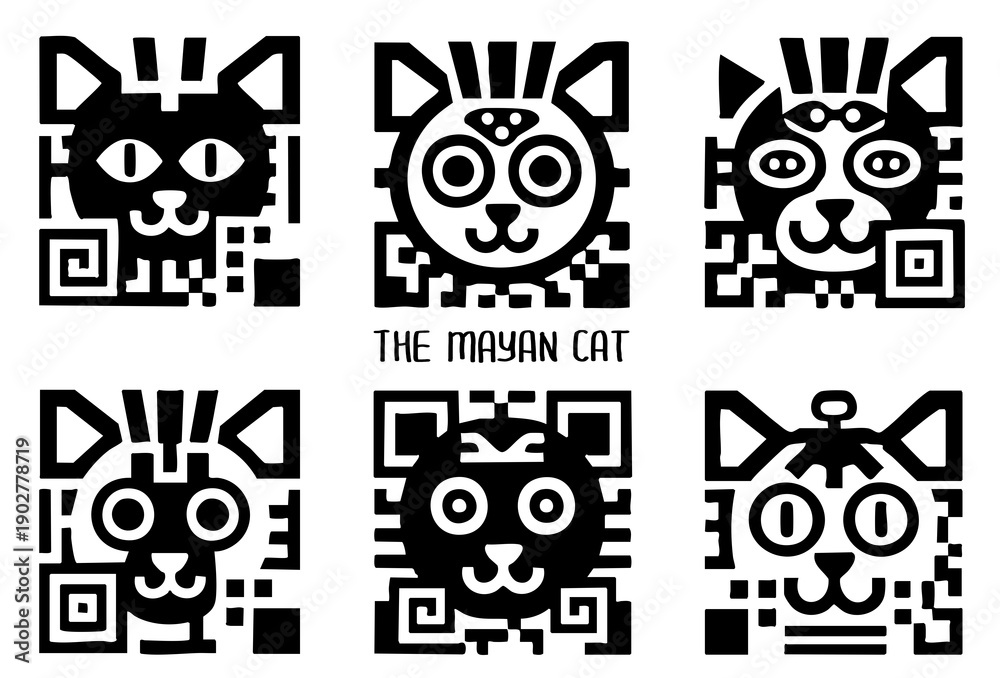Fototapeta premium Cats encrypted in code, cipher, logo, stamp, tattoo