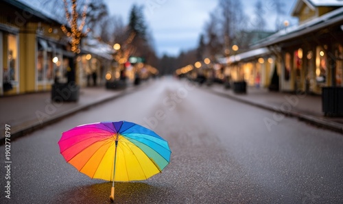 A vibrant rainbow umbrella on a quiet street at dusk