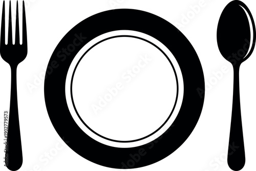 Flat Vector Illustration of a Black and White Place Setting Featuring a Dinner Plate with a Fork and a Spoon