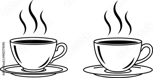 Hand Drawn Minimalist Line Art Illustration of Two Steaming Hot Coffee Cups with Saucers for Cafe Branding and Morning Breakfast Concept
