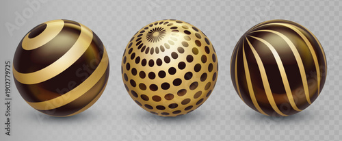 Realistic 3D golden ball set with decorative pattern. Gold sphere collection, 3d glass circle shapes, holiday decorative design elements
