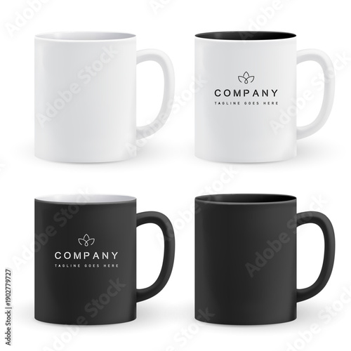 Realistic white and black mug mockup set with logo placement. Cup for branding, corporate identity, coffee or tea merchandise