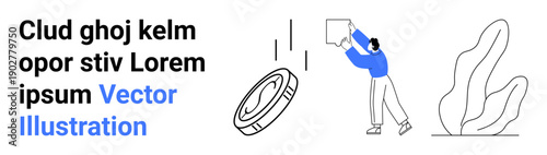 Technology, teamwork, communication, innovation, creativity, futuristic design. A person reaching towards a floating shape alongside abstract objects. Technology and teamwork concept