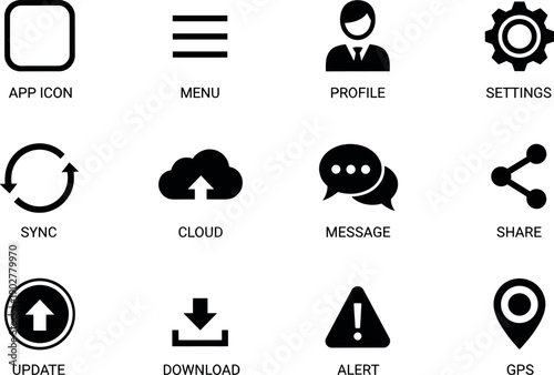 Set of minimalist black and white mobile app interface icons featuring menu profile settings sync cloud message share and navigation symbols
