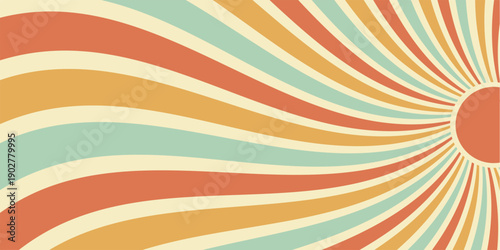 Groovy retro sun burst wavy background with orange and yellow wave in y2k sunshine style. Abstract sun and burst motif, horizontal orientation, vibrant graphic for playful visual context.