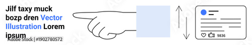 User interaction, navigation, social media, engagement, online communication, interface design. Hand pointing toward a profile card layout with icons and details. User interaction and navigation