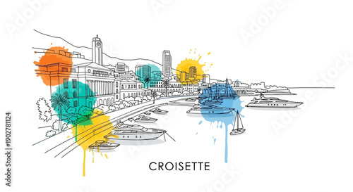 Artistic Illustration of Croisette Harbor, Scenic Waterfront, Cannes, France, Vibrant Colors, Urban Landscape, Aerial Perspective