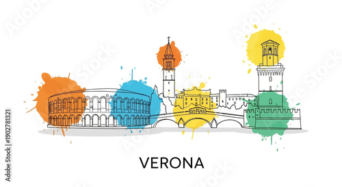 Artistic Representation of Verona’s Landmark Architecture in Colorful Illustrations