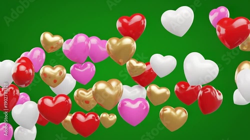 Heart Shape Particles Motion Green Screen Background for love valentine day, 3D rendering
