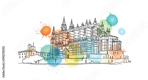 Artistic Illustration of a Historic Castle with Colorful Splashes, Showcasing Architecture and Culture in a Vibrant Cityscape