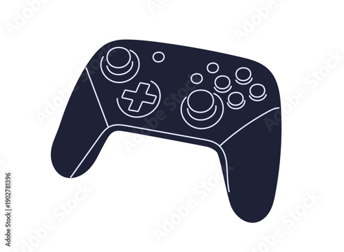 Video game controller with analog sticks and action buttons, modern joystick device gaming control, player interaction, entertainment and console accessory flat vector illustration.