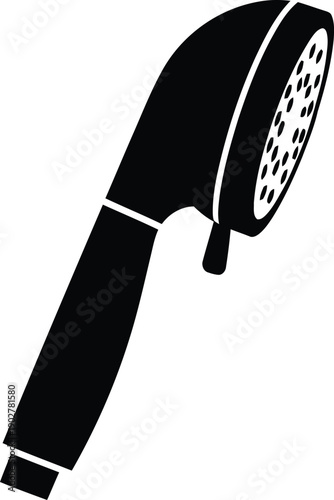 Black handheld showerhead with white accents and multiple spray holes