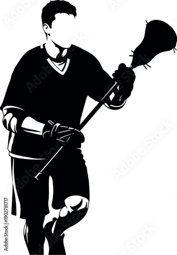 A black and white image of a hockey player in action with stick and puck