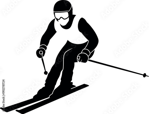 A skier in motion captured in a dynamic skiing pose with skis and poles