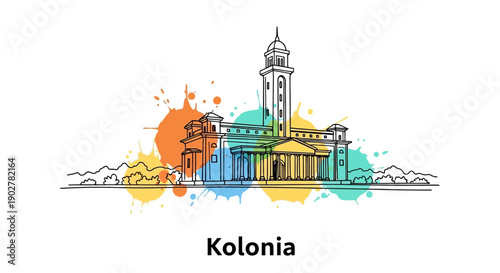 Artistic Illustration of Kolonia, A Historic Architecture Landmark in Vibrant Watercolor Style, Captured in Urban Environment