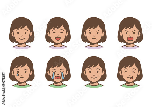 若い女性の喜怒哀楽の表情セット｜笑顔,怒る,泣く,悲しい,困る