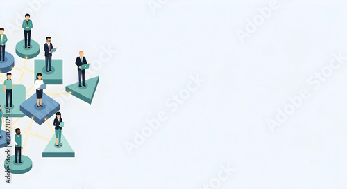 グローバルな連携とリモートワークを象徴するフラットイラスト。分散型チームのコミュニケーション。