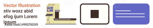 Industrial technology, production line, user interface design, automation, manufacturing, text placeholder. Conveyor system with icons and a textbox design. Industrial technology and production line