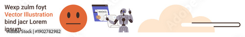 Artificial intelligence, online documentation, progress, cloud computing, emotions, technology integration. Robot holding paper near a sad face icon. Artificial intelligence and online documentation