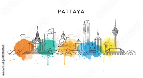 Vibrant Skyline Overview with Colorful Watercolor Effects