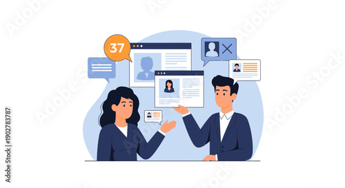 People reviewing profiles on digital screens in a business setting.