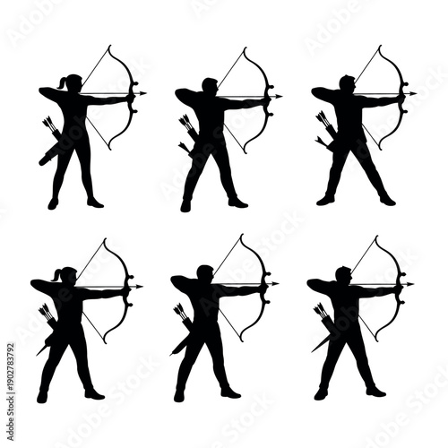 A group of archers in various poses, showcasing different archery techniques and stances in silhouette.