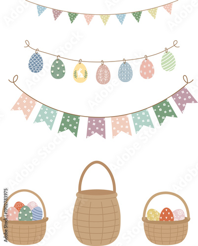 Easter decorative elements set featuring festive garlands with flags and eggs, and woven baskets with and without decorated eggs.
