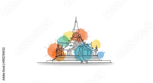 Illustrative Architecture of a Thai Temple in Vibrant Colors with Artistic Elements