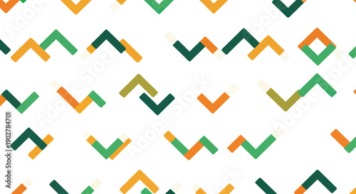 Geometric abstract pattern with orange, green, and white shapes on a white background.