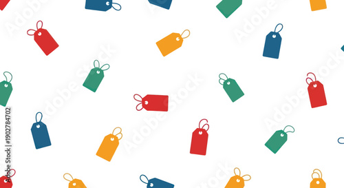 Colorful price tags scattered on a white background, flat design vector pattern.