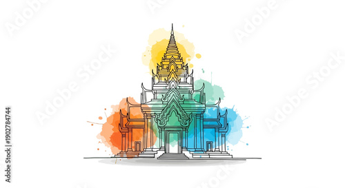 Artistic Illustration of a Traditional Temple Architecture with Colorful Background, Cultural Significance, Scenic View